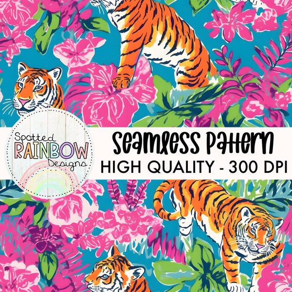 COMMERCIAL USE Preppy Colorful Seamless Pattern Digital Paper Background Tiger Print Floral