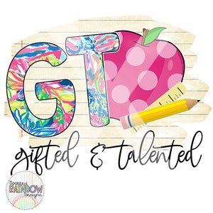 Gifted and Talented PACE Grade Level Shirt Teacher Apple Colorful Floral Preppy Pattern Digital Design Sublimation Clipart PNG Download Copy
