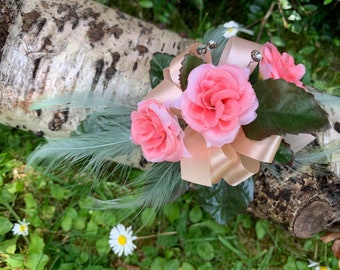 Flower Corsage, Peach Roses, Wedding, Prom, Anniversay.