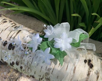 Dainty White Artificial Flower Corsage with Butterflies, Wedding, Prom, Anniversary, Fantasy Event.