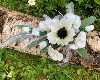 White Anemone and White Blossom Flower Corsage, Wedding, Prom, Anniversary.