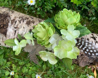 Green Hops and Hydrangea Wrist Corsage, Wedding,Prom, Anniversary.