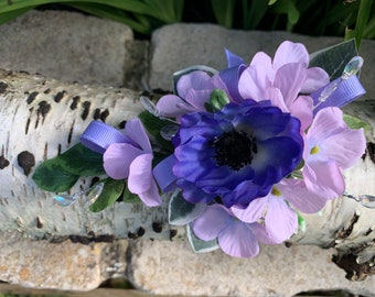 Lavender Blue Anemone Artificial Flower Corsage, Wedding, Prom, Anniversary, Baby Shower.