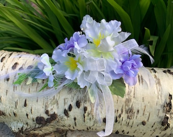 White and Lilac Blossom Artificial Wrist Corsage, Anniversary, Wedding, Prom.