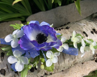 Lavender Blue Anemone Artificial Flower Corsage, Prom, Wedding, Anniversary.