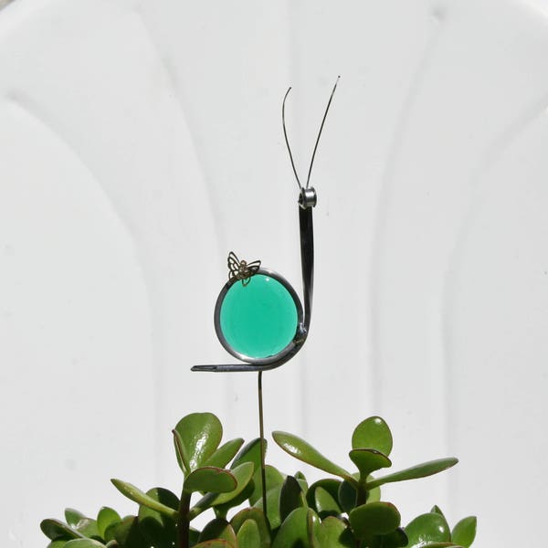 Stained Glass Green Teal Snail Plant Stake, Garden Art, ShellysGlassStudio