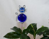Stained Glass Royal Blue Cat Plant Stake, Cat Garden Art