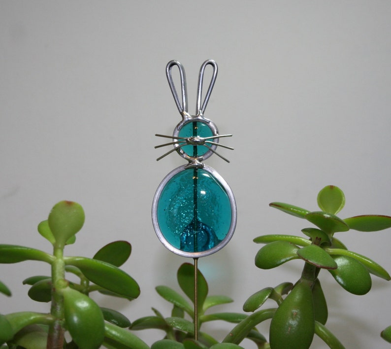 Stained Glass Teal Blue Bunny Rabbit Plant Stake Garden Art - Etsy