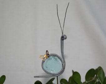 Stained Glass Aqua Blue Snail Plant Stake, Garden Art