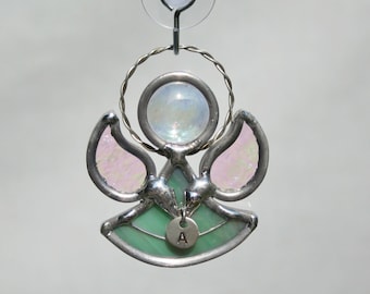 Personalized Initial Stained Glass Mother of Pearl Angel Ornament, Sun Catcher Guardian Angel