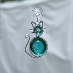 Stained Glass Teal Cat Ornament, Suncatcher