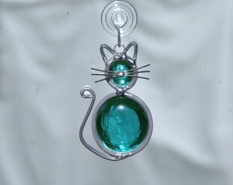 Stained Glass Teal Cat Ornament, Suncatcher