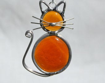 Stained Glass Cat Ornament, Amber Cat Suncatcher