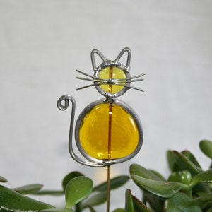 Stained Glass Yellow Cat Plant Stake, Garden Art