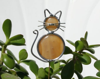 Stained Glass Marmalade Cat Plant Stake, Garden Art