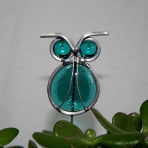 Stained Glass Teal Blue Owl Plant Stake, Garden Art