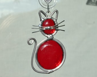 Stained Glass Cat Ornament, Red Cat Suncatcher