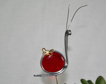 Stained Glass Red Snail Plant Stake, Garden Art