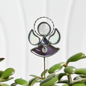 Personalized Stained Glass Purple Angel Plant Stake, Angel Garden Art, Personalized with Initial