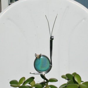 Stained Glass Iridescent Snail Plant Stake, Aquamarine Snail Garden Art, ShellysGlassStudio