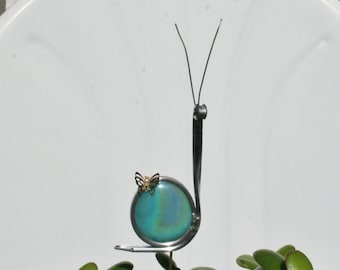 Stained Glass Iridescent Snail Plant Stake, Aquamarine Snail Garden Art, ShellysGlassStudio