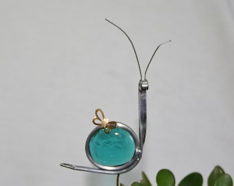 Stained Glass Teal Blue Snail Plant Stake, Garden Art, ShellysGlassStudio