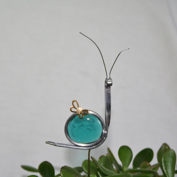 Stained Glass Teal Blue Snail Plant Stake, Garden Art, ShellysGlassStudio