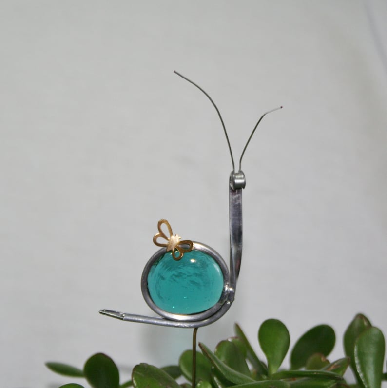 Stained Glass Teal Blue Snail Plant Stake, Garden Art, ShellysGlassStudio 