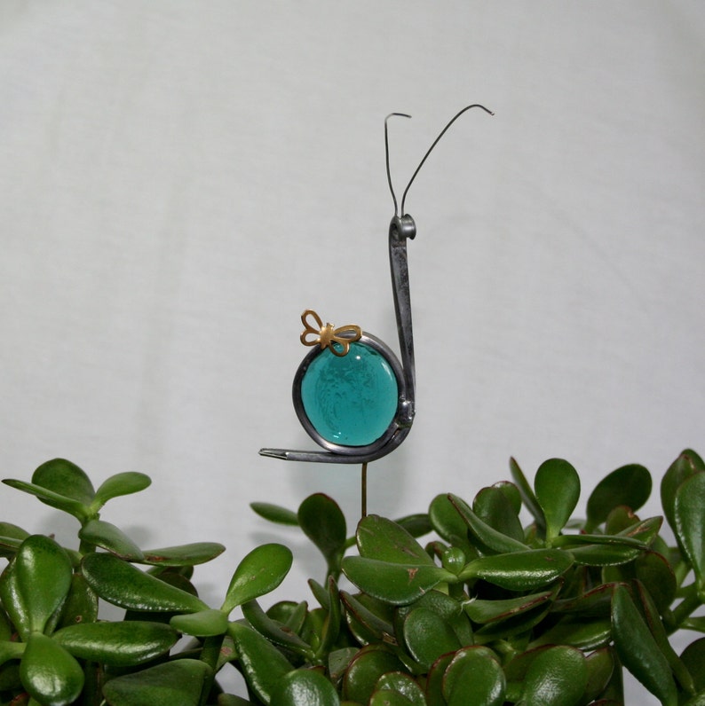 Stained Glass Teal Blue Snail Plant Stake, Garden Art, ShellysGlassStudio image 3