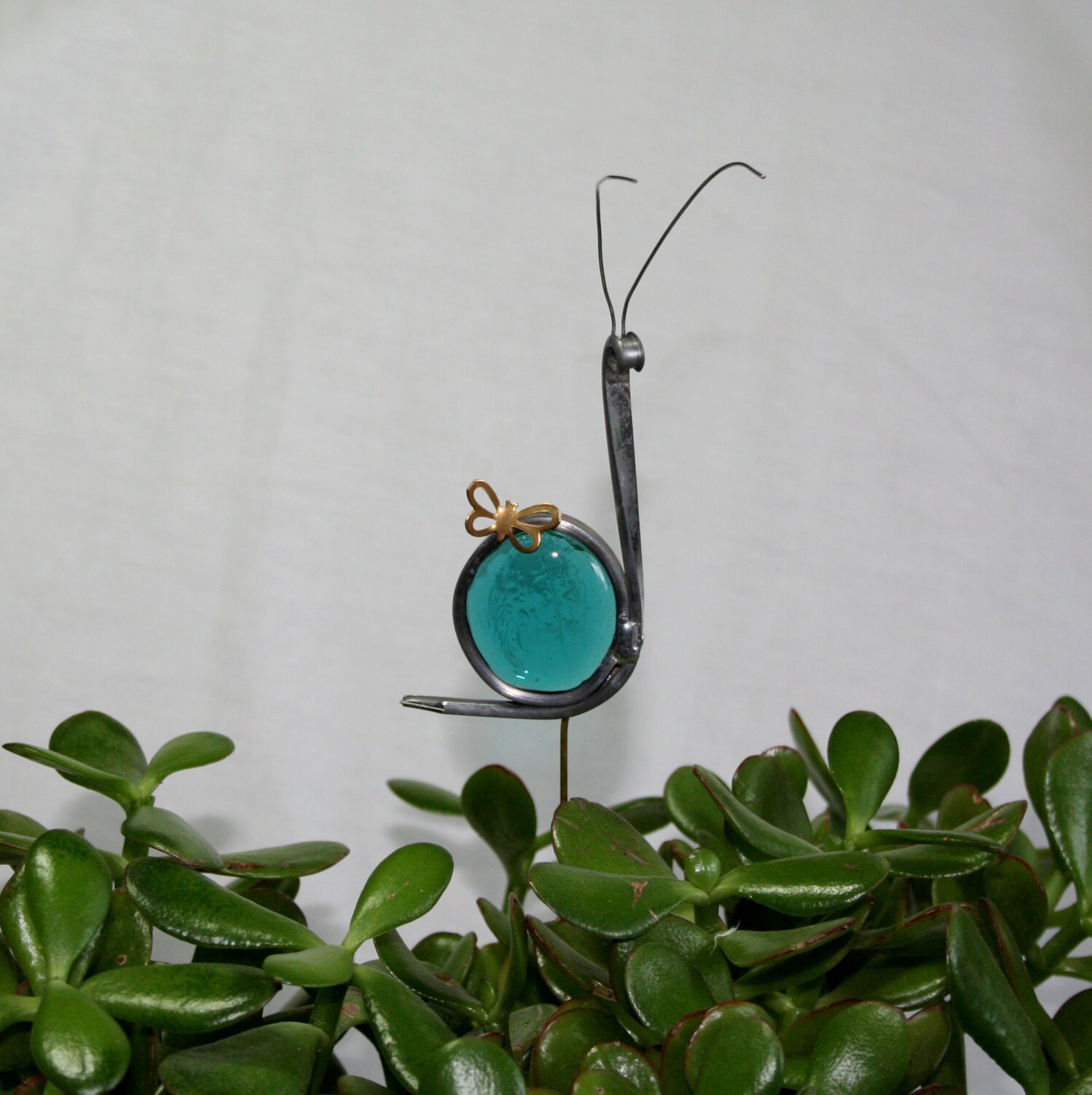 Stained Glass Teal Blue Snail Plant Stake Garden Art Etsy
