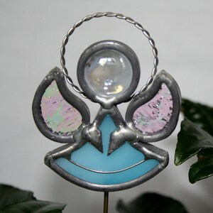Stained Glass Sky Blue Angel Plant Stake, Turquoise Angel Garden Art
