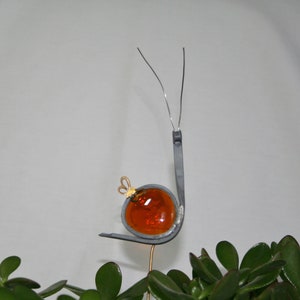 Stained Glass Amber Snail Plant Stake, Garden Art