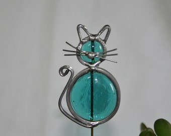 Stained Glass Teal Blue Cat Plant Stake, Garden Art