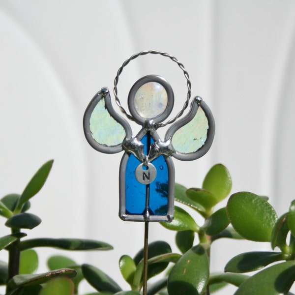 Personalized Stained Glass Boy Angel Plant Stake, Denim Blue Boy Angel Garden Art