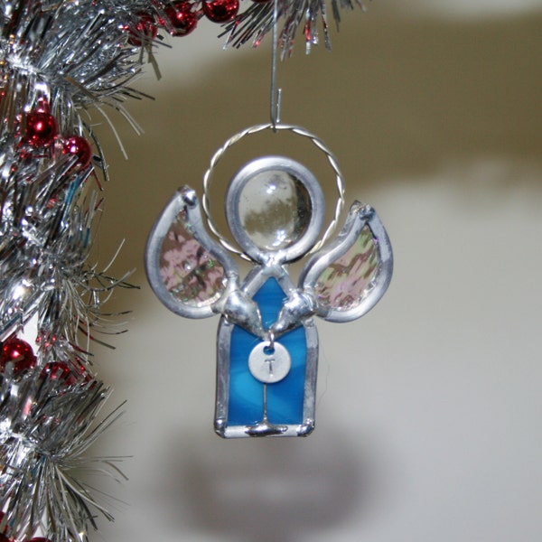 Personalized Stained Glass Boy Angel Ornament, Denim Blue Sun Catcher Angel, Guardian Angel Male