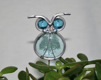 Stained Glass Aqua Blue Owl Plant Stake, Garden Art