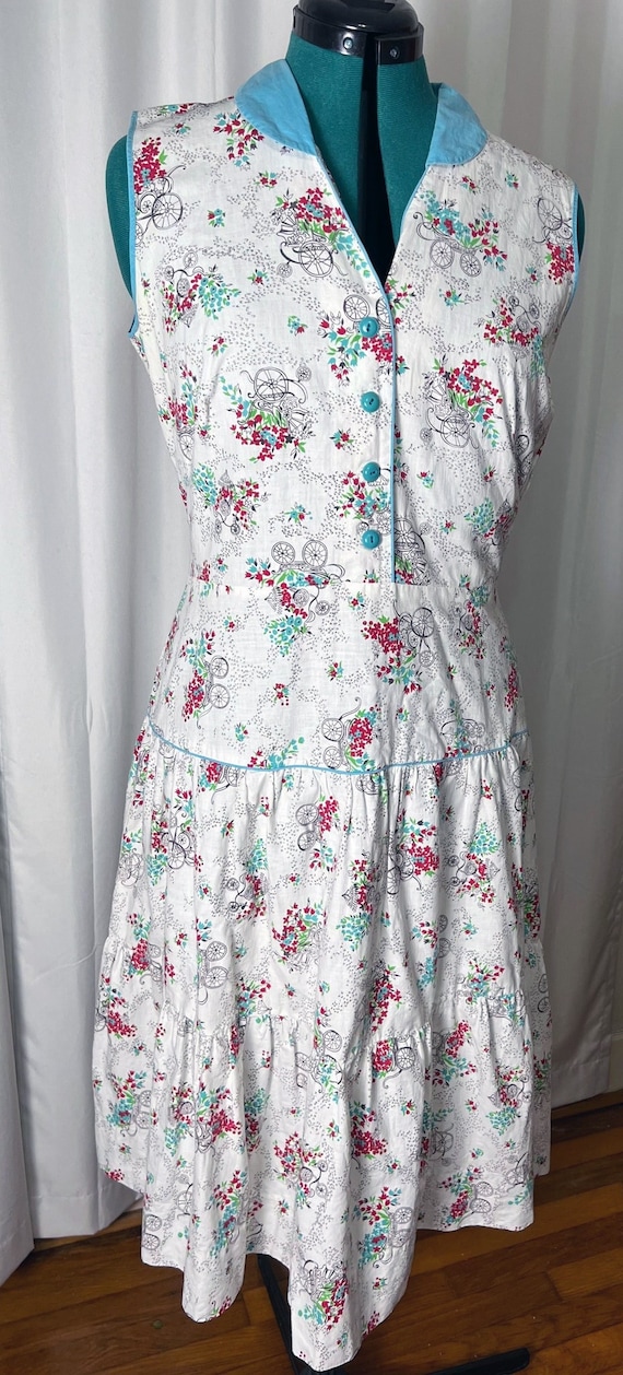 1950s cotton gardening novelty print dress, L-XL - image 1