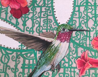 Impresión Giclee de 14"x14" del arte original de técnica mixta 'Hummingbird' con motivo de hoja de plata y filagree.