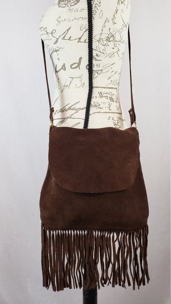 Vintage Brown Suede Fringe Crossbody Bag Hippie Bo
