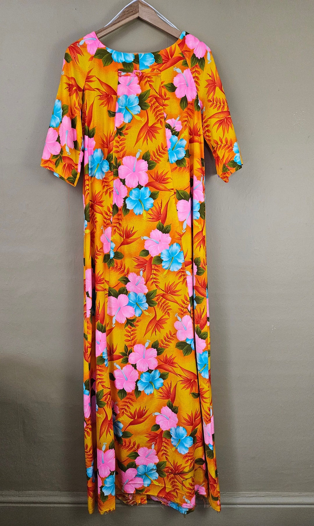 Vintage Hawaiian Maxi Dress Yellow Floral Short Flared Sleeves Size S/M ...