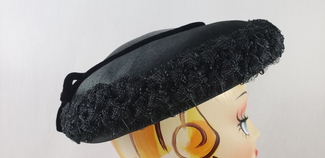 Vintage 1950's Black Satin Saucer Plater Hat Etsy