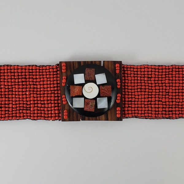 Vintage Red Beaded Elastic Belt with Shell Inlay Wood Buckle NOS