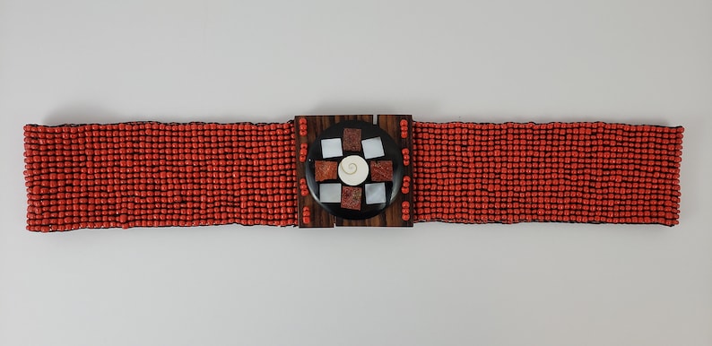 Vintage Red Beaded Elastic Belt with Shell Inlay Wood Buckle NOS