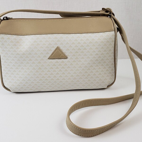 Vintage Liz Claiborne  White Logo Triangle Crossbody Tan Leather Trim Crossbody Bag Korea circa 1990's Preppy