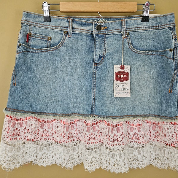 Upcycled Tyte Denim Skirt with Vintage Lace Women Junior size 13 Low Waist American Standard made in USA