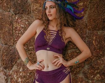 Boho Purple Bikini Set – Suede Swimwear, Tribal Two Piece