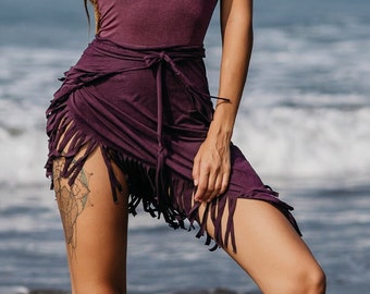 Paarse sarong met franjes, sexy overslag badpak, handgemaakte strandjurk