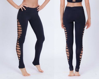 Black Cut Out Leggings, Ripped Leggings For Women, Braided Goa Tights, Festival Slit Leggings, Sexy Yoga Pants, Distressed Leggings