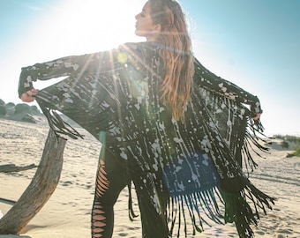 Black and White Tie Dye Cardigan, Boho Cardigan, Long Cardigan With Fringe, Flowing Maxi Cardigan, Open Long Cardigan, Summer Cardigan