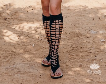 Black Gladiator Sandals, Vegan Footwear; Made From Swimwear Lycra, Festival Gear, Halloween Sandals, Holidays Gifts For Her